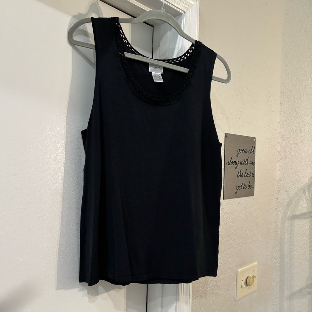 Chico’s Elegant Black Sleeveless Top - crocheted Around Neckline Size 3